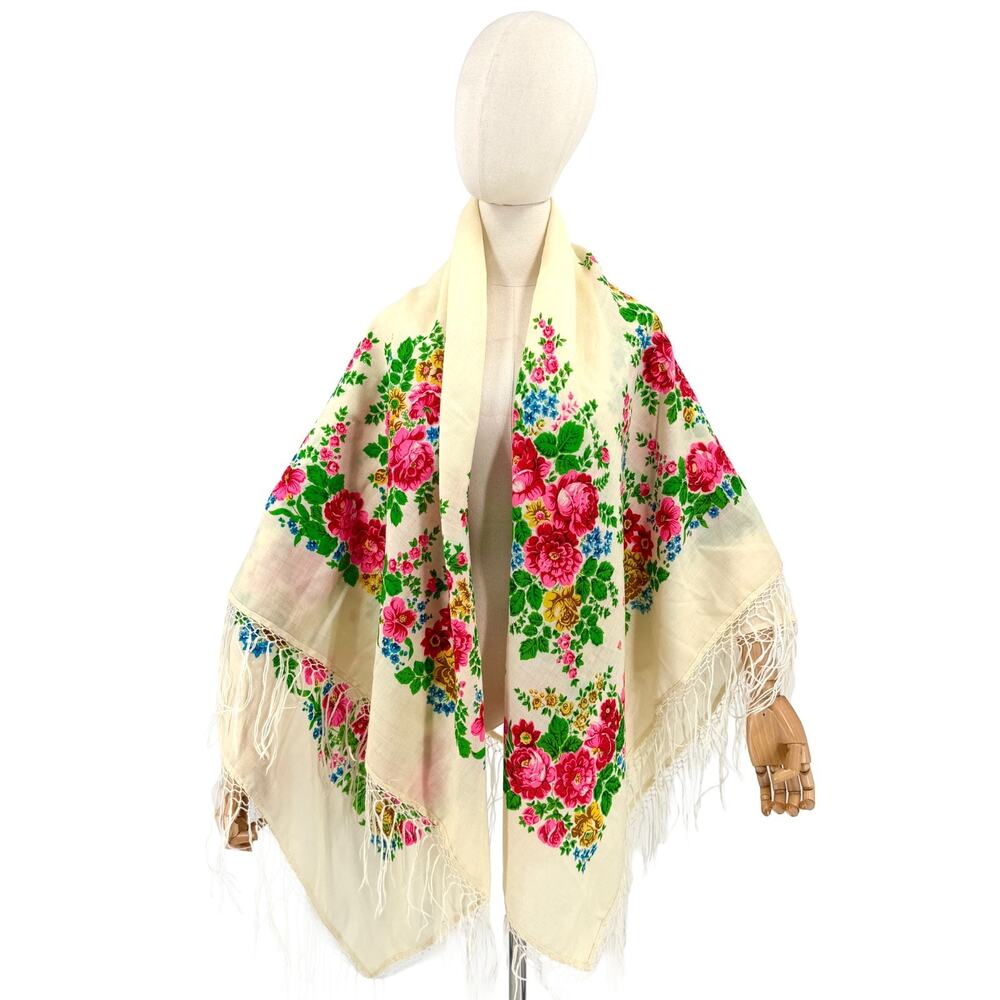 Vintage 70s Cream Pink Floral Fringe Boho Wrap Scarf